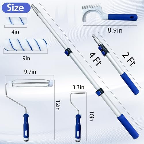 Paint Roller Kit 16PCS, 9&4 Inch Paint Roller with Adjustable 2-4FT Stainless Steel Extension Pole, Lint-Free Roller Covers, Paint Tray with 4 Liners, Roller Cleaner Tool, for Wall Ceiling Painting