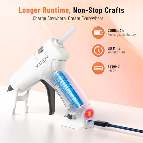Katerk 3.7V Cordless Hot Glue Gun Kit with 15 Glue Sticks, 90s Fast Heating