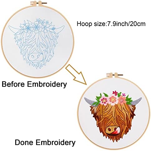 Louise Maelys Highland Cow Stamped Embroidery Kit Floral DIY Craft