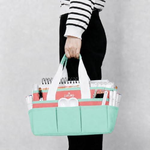 JJRING Craft Organizer Tote Bag Art Storage Caddy Green and Orange | With Multiple Pockets For Sewing, Scrapbooking, School, Medical, And Office Supplies