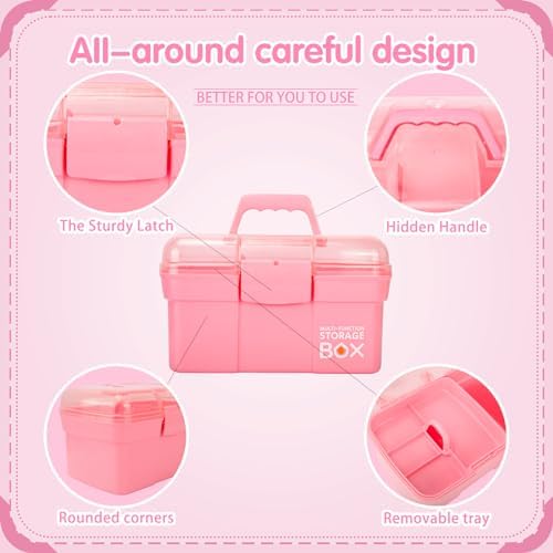 TERGOO 11in Mutipurpose Storage Box Organizer with Removable Tray, Portable Small Craft Organizer with Handle, Plastic Clear Tool Box Art Case for Makeup, Sewing, Nail, Hair Accessories (Pink)