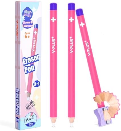 YPLUS Detail Eraser Pencils with Sharpener, Pink, School Supplies, 3 Pcs