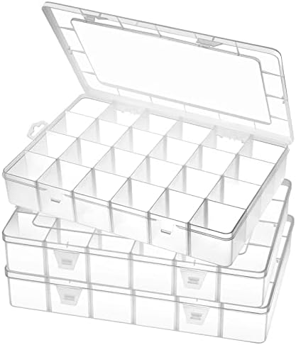 Gbivbe Large 24 Grids Plastic Organizer Box Adjustable Dividers,Clear Storage Box for Jewelry, Art DIY Crafts, Washi Tapes, Beads and Small Parts(3 Pack)