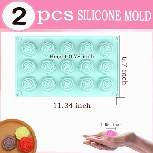 2 Pack Silicone Soap Molds,15-Cavities Small Rose Flower Silicone Molds for Soap Making,Great for Handmade Lotion Bars,Biscuit,Chocolate,Moon Cake