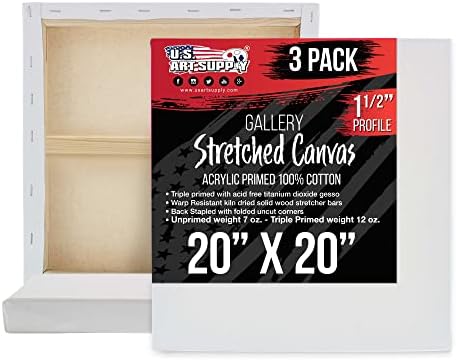 U.S. Art Supply 20"x20" Stretched Canvas for Painting, Gallery Depth 3-Pack | Large, 1-1/2" Thick - 12oz Acrylic Gesso Triple Primed, Professional Artist Quality, 100% Cotton - Oil, Pouring Paint