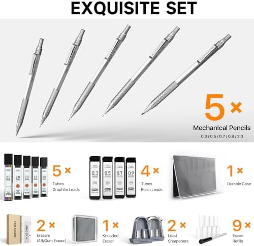 Four Candies Metal Mechanical Pencil Set, 4PCS 0.3, 0.5, 0.7, 0.9MM Mechanical Pencils & 2MM Drawing Pencil with 9 Tubes Lead Refills (4B 2B HB 2H Color) for Student Writing Artist Sketching - Black