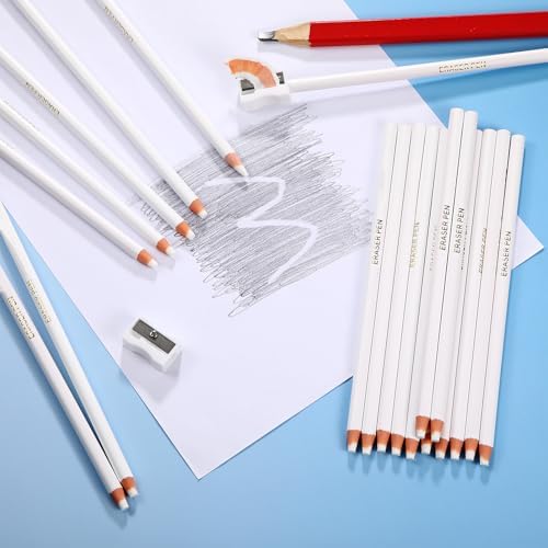 Maitys 20 Pcs Eraser Pencils for Artists Pencils and 2 Pcs Sharpener Wooden Sketch Professional Highlight Painting Eraser Pen for Sketching Charcoal Drawings, Revise Erasing Details for Beginners