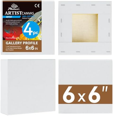 PHOENIX 6x6 Inch 4 Pack Gallery Canvas - Small Square 1.5 in Thick Canvases for Painting - Deep Edge 100% Cotton 11 Oz. Gesso Primed White Blank Professional Canvas Oil & Acrylic Paints