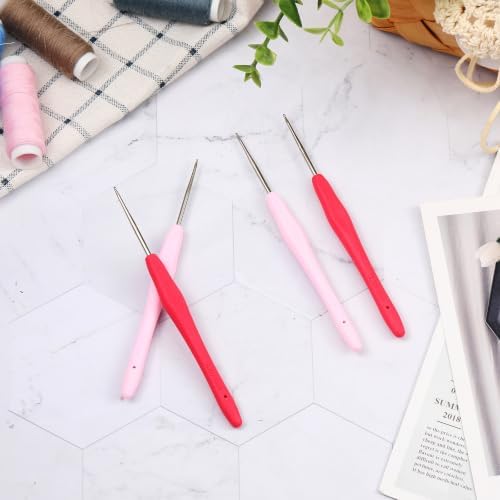 WILLBOND 4 Pcs Dreadlock Crochet Hooks, 1.0 mm 1.25 mm, Pink, Red