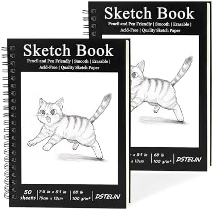 DSTELIN 2 Pack Spiral Bound Sketchbooks (100 GSM Sketch Paper), 50 Sheets per Pack, 7.5" x 5.1" Sketchbook with Black Hard Cover for Painting, Drawing and Sketching