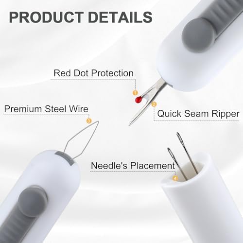 Automatic Needle Threaders Seam Ripper, Upgraded 3 in 1 Sewing Needle Threader Tool, 2Pcs Stretchable Quick Seam Rippers with Needle Storage for Hand Quilling, Embroidery Stitch Removal(Grey)