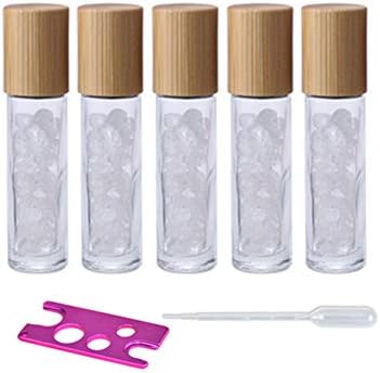 5 Pack 10ml Clear Roll On Bottles With Natural Chakra Crystal Chip for Essential Oils,Perfume Glass Roller Bottles Container Bamboo Lid,Crystal Roller,Pipette&Opener Included