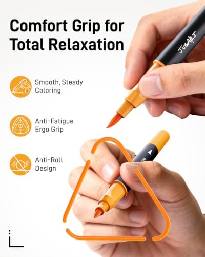JusArt Dual Tip Markers for Adult Coloring Books, 24 Colors | Triangle Grip, 33% More Ink, Fine & Brush Tip Pens, Color-Coded Barrels, Water-Based Ink for Drawing, Journaling, Calligraphy