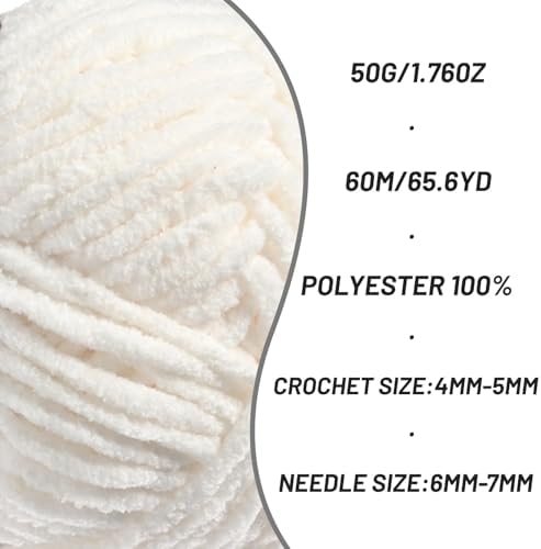 2 Packs Plush Chenille Chunky Crochet Yarn - Baby Yarn for Crocheting Soft - Velvet Yarns Knitting for Blankets Crafts - Fluffy Amigurumi Yarns 100g/131yds (2 White)