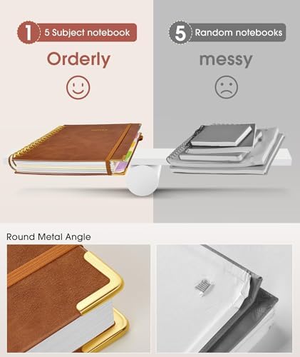 Hardcover Spiral Notebook 8.5"x11" Journal with Removable Dividers Tabs, 300 Pages Leather 5 Subject Notebook College Ruled, Large A4 Notebooks for Work School, Journal for Women, A4 Light Brown