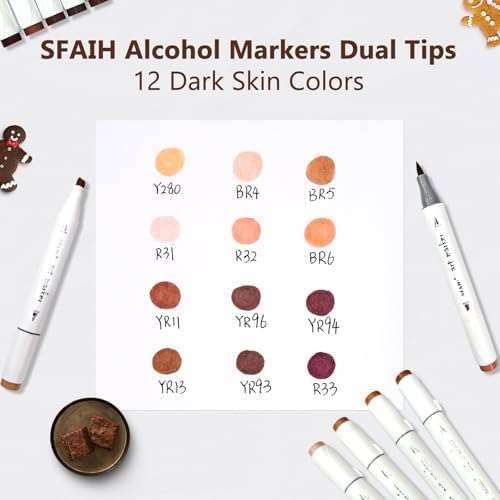 SFAIH Skin Tone Alcohol Markers Brush & Chisel - 12 Dark Portrait Colors, Blendable & Refillable Permanent Art Markers for Adults/Teen/Artists/Creators & Illustrators