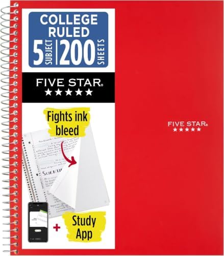 Five Star Spiral Notebook + Study App, 5 Subject, College Ruled Paper, 8-1/2" x 11", 200 Sheets, Fights Ink Bleed, Water Resistant Cover, Fire Red (72077), (Pack of 6)