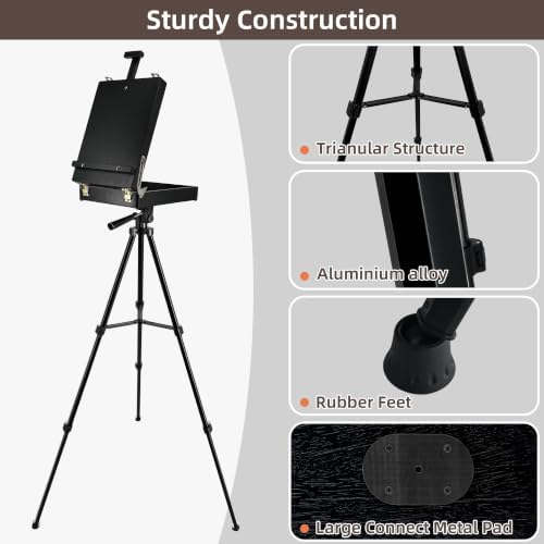Black French Style Easel Sketch Box with Aluminum Tripod | Lightweight Black Aluminum Tripod, Adjustable Portable Plein Air Easel for Outdoor Painting, Sketching & Painting