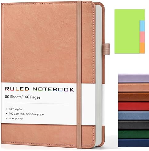 Lined Journal Notebook, A5 Hardcover Leather Journals for Writing, 160 Numbered Pages, 5.7'' x 8.3'' Journaling Notebooks for Men Women, Thick Paper College Ruled Journal for Work Office School, Pink