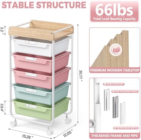 SYKIARIOL Rolling Storage Utility Cart with 5 Drawers,Colorful