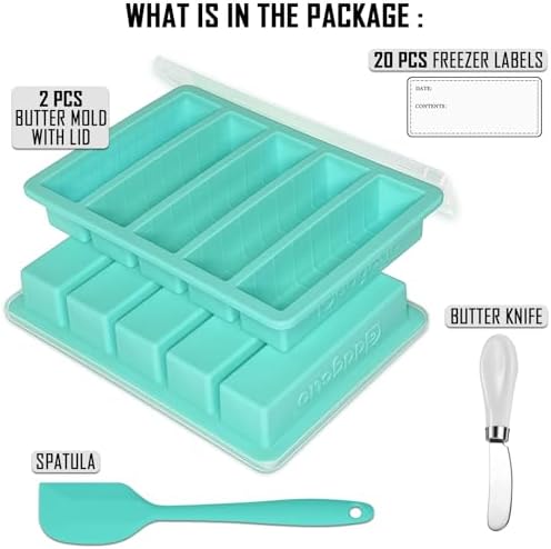 Silicone Butter Molds with Lid, Non-Stick Butter Tray with Butter Knife and Spatula, Reinforced Steel Frame Inside, Perfect for Making 5 Standard 8 Tbsp Butter Sticks, Energy Bar, 2 Pcs