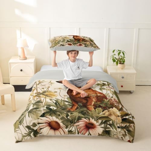 Erosebridal Dachshund Duvet Cover Toddler Size Wildflowers Bedding Set for Kids Boys Girls Animal Vintage Botanical Comforter Cover Watercolor Style Bedclothes Room Decor
