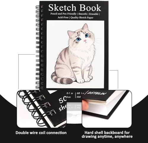 DSTELIN 1 Pack Spiral Bound Sketchbooks (100 GSM Sketch Paper), 50 Sheets per Pack, 7.5" x 5.1" Sketchbook with Black Hard Cover for Painting, Drawing and Sketching