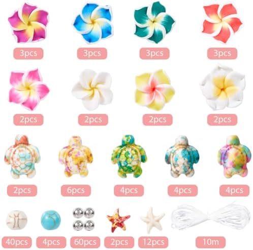 SUNNYCLUE 1 Box 159Pcs DIY 6 Sets Bracelet Making Kits Plumeria Flower Beads Polymer Clay Hawaiian Flowers Starfish Sea Turtle Beach Ocean Summer Beads for Jewelry Making Kits Adult Women Gifts