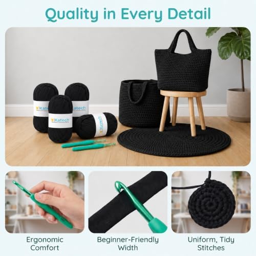 Katech 400g T Shirt Yarn for Crocheting, Elastic Fabric Yarn for Bag-Black
