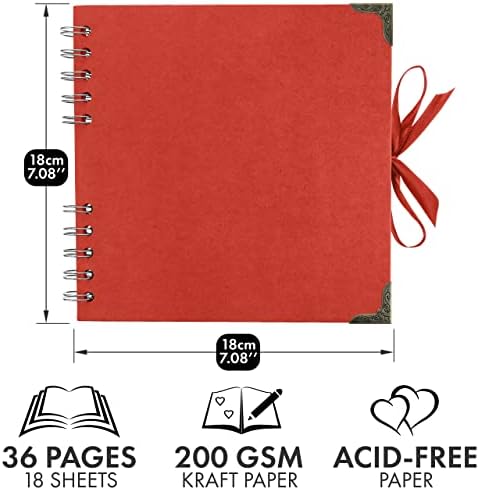Bstorify Square Scrapbook Photo Albums 7 x 7 Inch Red Thick Paper, Hardcover, Metal Corners, Ribbon Closure - Ideal for Your Scrapbooking Albums, Art & Craft Projects | Hardcover with Thick 200 GSM Kraft Paper, Ideal for Your Scrapbooking Albums, Art &...