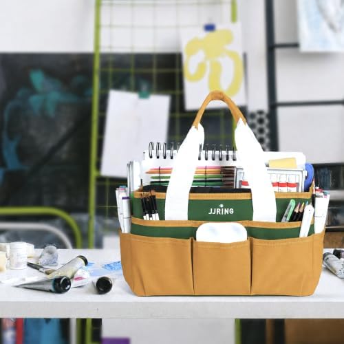 JJRING Craft Organizer Tote Bag Art Storage Caddy Deep Green and Yellow | With Multiple Pockets For Sewing, Scrapbooking, School, Medical, And Office Supplies