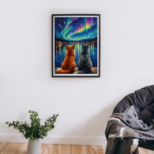 MBNTJHT Cat Diamond Painting Kits for Adult Beginners,Aurora Scenery Diamond Art Kits for Adults,DIY 5D Full Drill Starry Night Gem Art and Crafts for Home Decor Gifts 12X16 Inch.