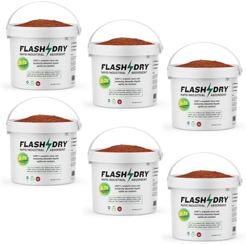 FlashDry Super Spill Absorbent, 5L Bucket with Dispenser Lid, 100% Organic Coco Coir, Landfill Safe, OSHA Approved, Ideal for Absorbing Oil, Paint, Grease in Garages, Kitchens, Janitor Kits, Pack of 6