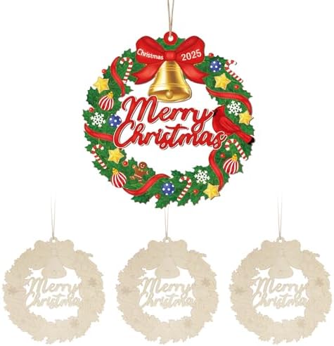 Paintable Christmas Ornaments 3 Sets, Wooden Ornaments to Paint, Unfinished Merry Christmas Wreaths Wood Crafts for Painting, Wood Cutouts DIY Xmas Ornament for Front Door Decor