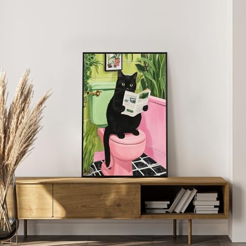 Framed Paint by Numbers Kit for Adults, Black Cat Bathroom Decor 8x12 Inch