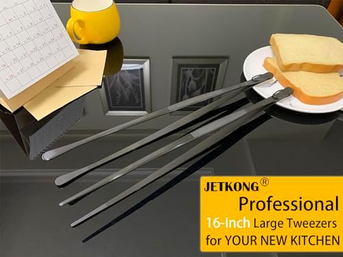 JETKONG 2 Pcs 16-Inch Heavy Duty Plating Tongs, Extra-Long Kitchen Fine Tongs Large Stainless Steel Cooking Forceps (Black)
