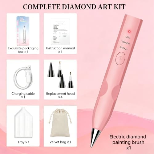 MKLAYB Electric Diamond Drawing Pen Kit, 3 Adjustable Suction Modes Rechargeable Vacuum Diamond Art Diamond Pen with 4 Replacement Heads, No Wax Required 5D Diamond Drawing Tool Accessories (Pink)