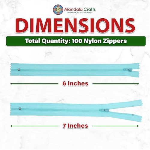 Mandala Crafts 100 PCs Turquoise Closed-End 6 Inch Nylon Zippers for Sewing
