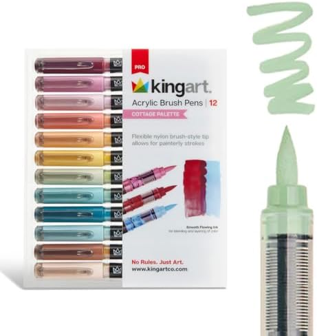 KINGART 12-Piece Cottage Acrylic Paint Brush Tip Marker Set – Flexible Fiber Brush Tips – Smooth Opaque Water-Based Ink for Detailed Nature Illustration and Crafts – 12 Muted Cottage Colors