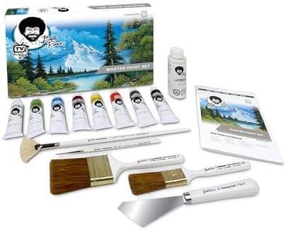 Jerry's Artarama Exclusive Set of 6 Bob Ross Oil Painting Set with Easel, 16oz Lavender Brush Cleaner, Acrylic Palette, Brushes, Canvases, and Cleaning Bucket and Screen