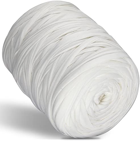400g T-Shirt Elastic Fabric Crochet Cloth Yarn for DIY Knitting, 130 Yards Spaghetti Thick Knitting Yarn for Hand DIY Bag Basket Cushion Crocheting Projects Home Decor (White)