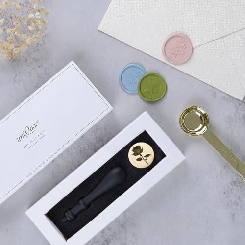 UNIQOOO 3D Embossed Relief Rose Flowers Wax Seal Stamp with Wooden Handle, Floral Botanical Theme Vintage Brass Stamp for Wedding Invitation, DIY, Gift Wrap, Envelopes, Christmas Card