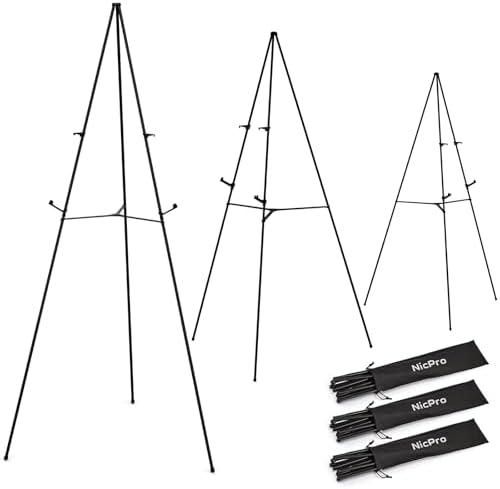 Nicpro 3 Pack 63 Inches Easel Stand for Sign, Black, with Carry Bags | Lightweight Metal Poster Stand, Adjustable Portable Foldable Easels for Display, Signs, Posters, Painting, Wedding Signs