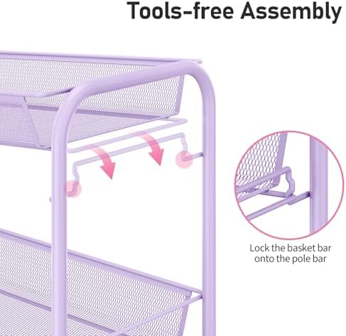 TOOLF 3 Tier Rolling Cart, Metal Utility Storage Cart with Wheels, Purple | 3 Hooks, Screwless Assembly, Trolley Organizer for Bathroom, Kitchen, Office, Nursery, Dorm, Laundry Room