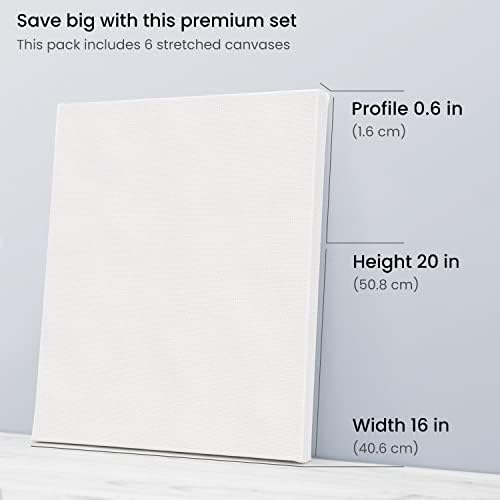 ARTEZA Stretched Canvas for Painting, 16 x 20 in, Pack of 6, Pre-Primed White Canvases for Acrylic, Oil, Gouache, Tempera, and Mixed Media | 100% Cotton Surface, 0.62 in Profile, Pinewood Bars, Acid-Free Acrylic Titanium Gesso, For Acrylic, Oil, Gouach...