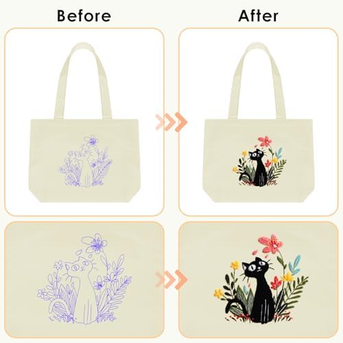 ERKOON Canvas Tote Bag Embroidery Kit for Beginners, Floral Arts Crafts Cross Stitch Kits for Adults Including Stamped Embroidery Bag with Hoops, Needle, Instruction and Color Threads (Cat)