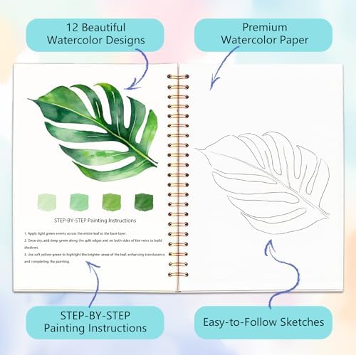 Easy Watercolor Workbook for Beginners - 12 Beautiful Step-by-Step Paintings Water Coloring Book, Includes 18 Colors Paints, Relaxing Art Projects and Creative Gift for Adults & Teen (Leaves)