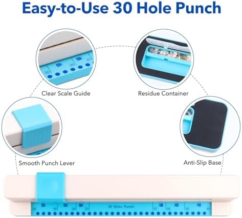 30 Hole Paper Punch, Binding Machine for Planner, A4 A5 A6 A7 B5 B6 B7 Book Binder Notebooks Loose Leaf Paper Punch Machine, Portable Adjustable Hole Puncher, 5-Sheet Capacity, for School, Office