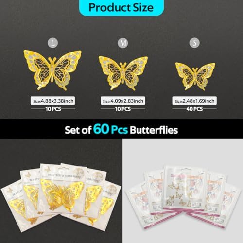 60 Pcs Butterfly Wall Decals - 3D Gold Butterflies Removable Mural Wall Stickers for Home Room Office Bedroom Decorations