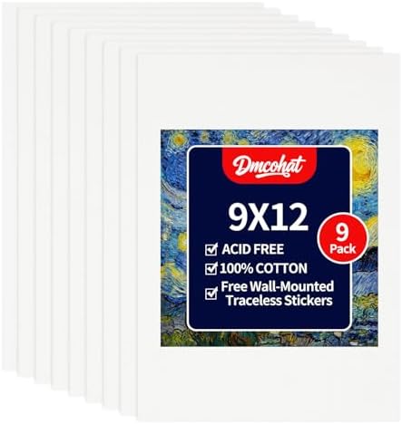 Canvas for Painting - 9 Pack 9x12 Painting Canvas Boards,Free Wall-Mounted Traceless Stickers,Durable Oil Painting Canvas,Suitable for painting supplies, acrylic, oil, watercolor, and tempera.